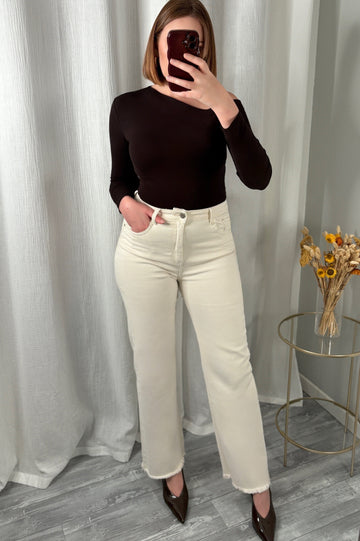 Jean Wide leg beige à bords frangés